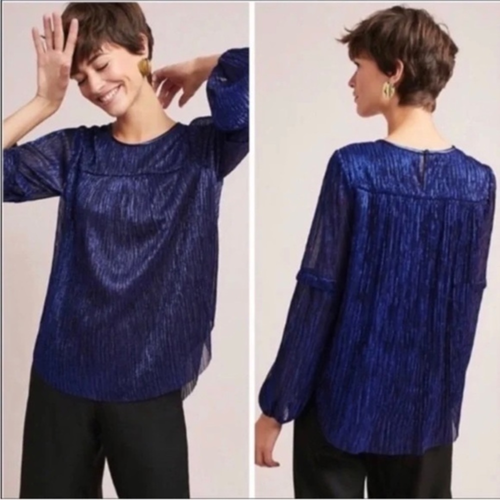 Moulinette Soeurs Metallic Blue & Black Pleated Sheer Blouse. Fully lined.
